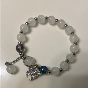 Elegant White and Silver Beaded Bracelet Butterfly Charm